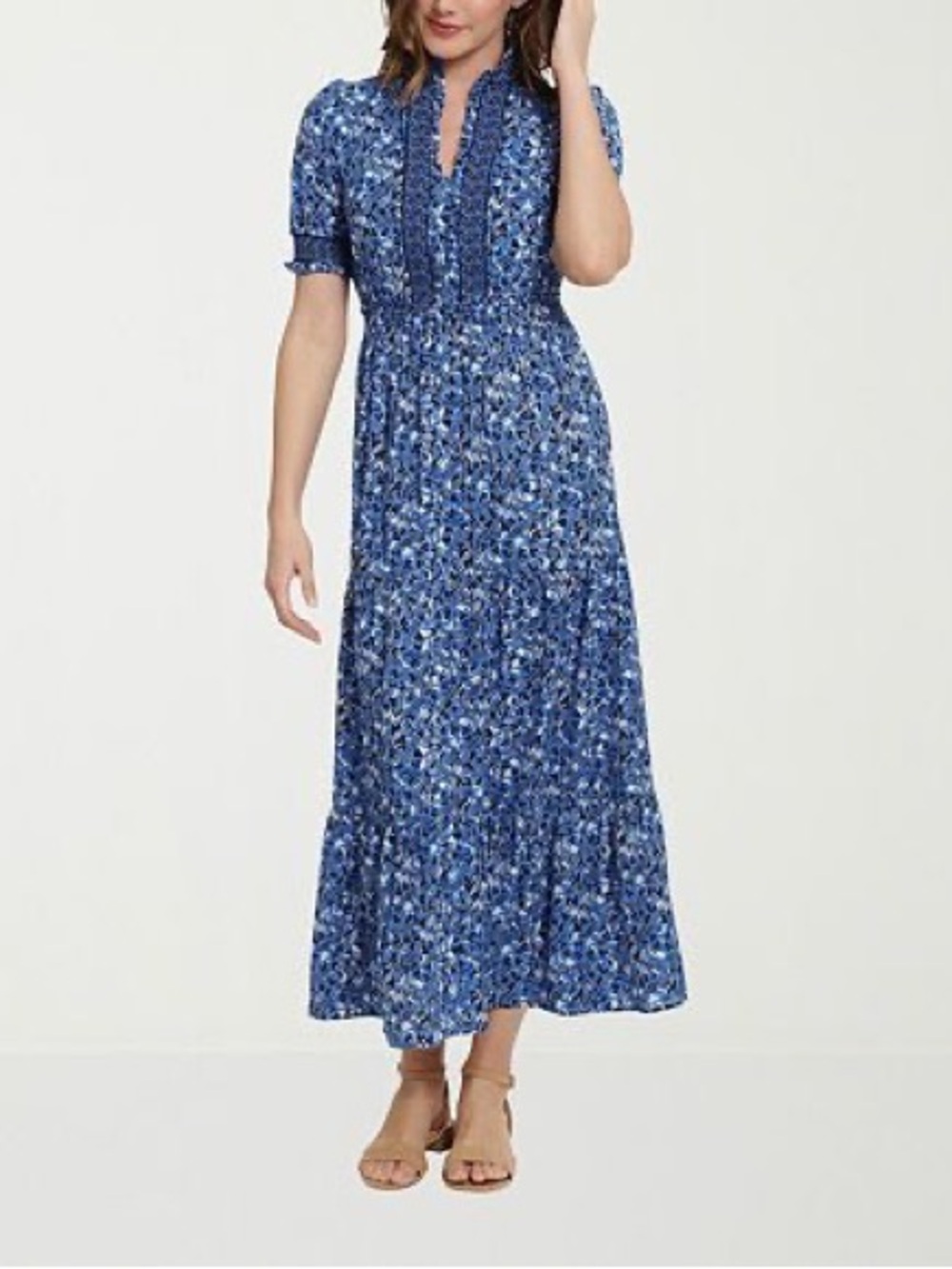 London Style Blue Floral Maxi Dress with Ruffle Accent, Office, Flowy, Romantic